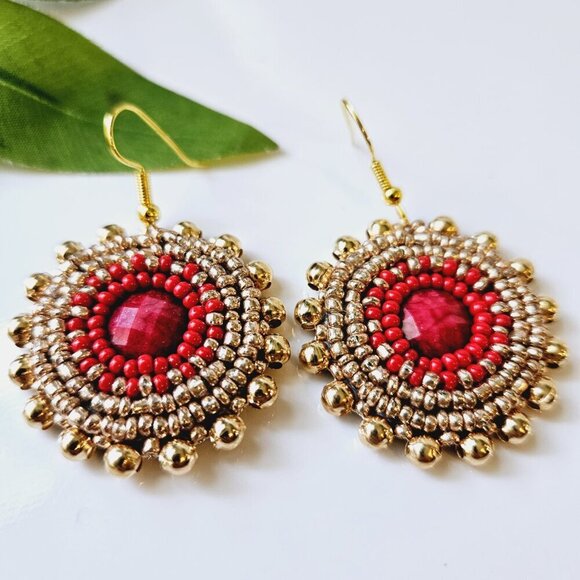 2/$27 | Gold + Red Shield Beaded Indigenous Hoop Earrings | Handmade - Picture 3 of 5